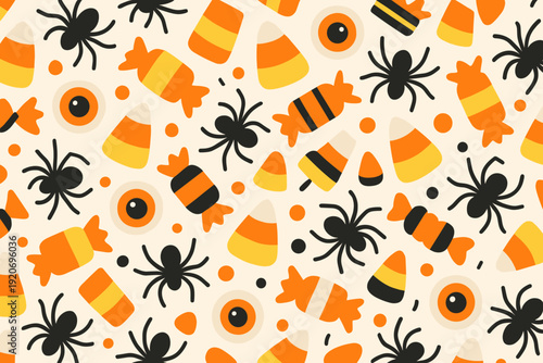 Colorful pattern with candy and spiders for Halloween celebration in a fun and festive style