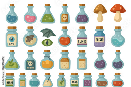 Bottles and jars filled with different colorful liquids and mushrooms displayed on a plain background