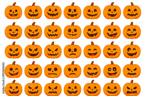 Collection of pumpkin faces in various expressions celebrating Halloween fun