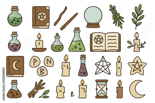 Magic tools and symbols on a flat surface arranged in a creative way that shows various items used in witchcraft and divination practices