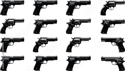 Black and white of multiple handguns in various orientations pistols firearms