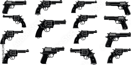 Black and white of various handguns pistols revolvers firearms