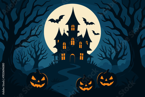 Spooky Halloween scene with a haunted house, pumpkins, bats, and a full moon in the background at night