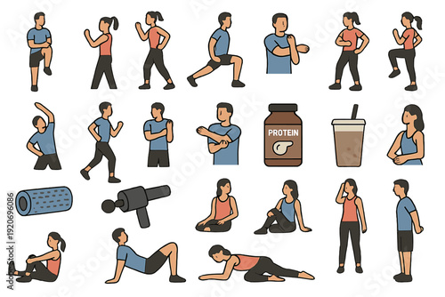 Fitness and exercise activities with individuals working out in different poses and using equipment for health and wellness