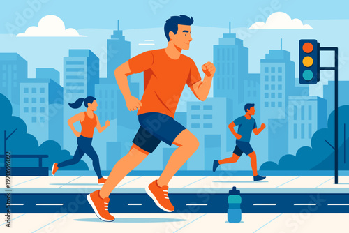 People running in a city park during a sunny day with buildings in the background and a water bottle on the ground