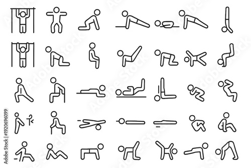 Various stick figure exercises are displayed on a grid showing different physical activities for fitness training