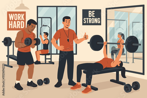 Two people lift weights in a gym while a trainer gives instructions to a woman lifting a barbell during daytime training sessions