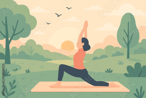 Woman practices yoga in a green park during sunrise with birds flying in the background