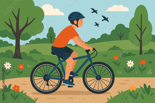 Biker rides through a green park with trees and flowers on a sunny day while birds fly above