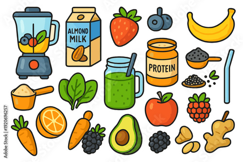 Colorful fruits, vegetables, and healthy drinks on a white background for nutrition and wellness