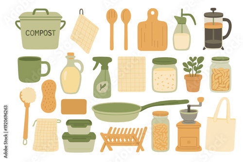 Kitchen items arranged on a table showing tools and containers used in cooking and food preparation