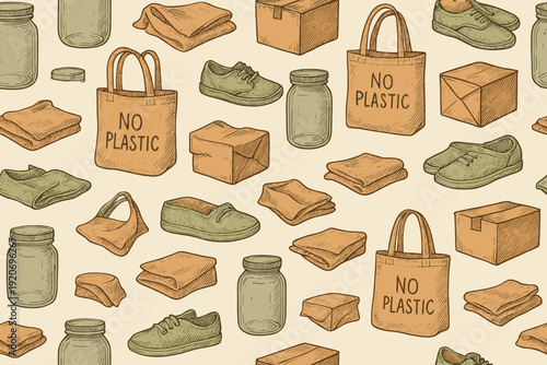 Collection of eco-friendly items with no plastic message in a simple design scattered across a light background