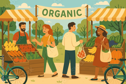 People shopping at an outdoor market that sells organic fruits and vegetables on a sunny day in a park setting