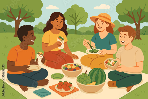 Group of friends enjoying picnic with food in a park under sunny sky