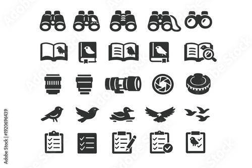 Different tools for bird watching and photography on a light background for enthusiasts in nature