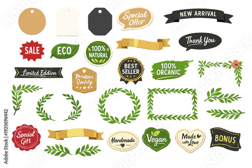 Various tags and labels designed for product marketing and promotions in a retail setting