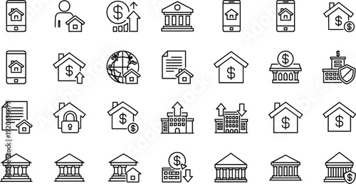 Real Estate and Banking Line Icon Set with Mortgage, Home Loan, Property Investment, Financial Growth and Online House Purchase Vector Collection