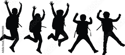 Black silhouettes of children jumping with backpacks kids