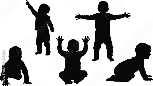 Black silhouettes of five children in various poses kids toddlers