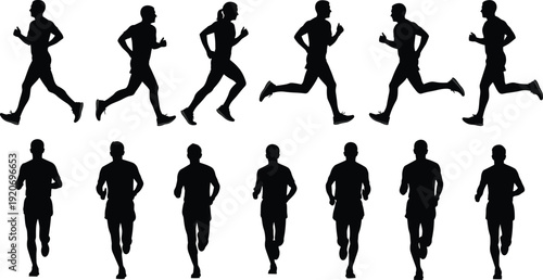 Black silhouettes of people running in various poses white background