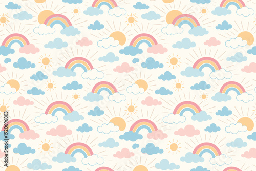 Colorful rainbow pattern with clouds and sun on a light background during daytime