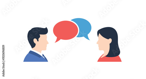 A man and a woman in profile communicate with red and blue speech bubbles above their heads against a white background.