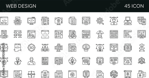 Web Design and Development Line Icon Set with UI UX, Coding, SEO Optimization, Analytics Dashboard and Responsive Website Vector Collection