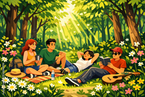 Group of friends enjoying a sunny day in the forest while having fun and relaxing together with drinks and music