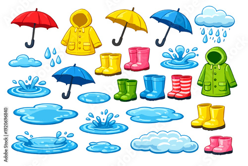Rainy day items such as umbrellas, raincoats, and boots in various colors on a white background for a fun and playful setting