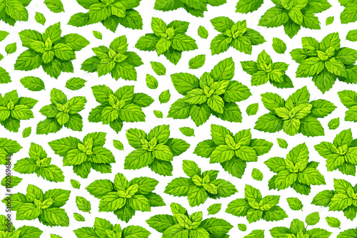 Green mint leaves fill a white background in a patterned design suitable for various uses in decoration and crafts