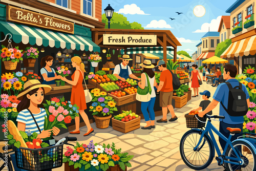 Sunny marketplace scene with flowers, fresh produce, and people shopping near Bella's Flowers at midday