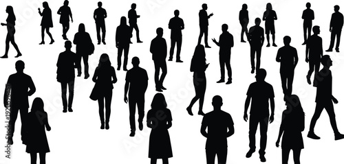 Black silhouettes of people walking standing and interacting on white background