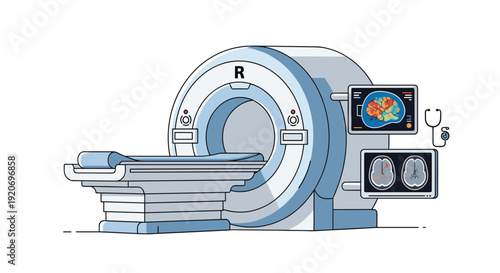A medical MRI machine with a patient bed, monitors displaying brain scans, and a stethoscope is illustrated on white.