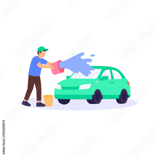 Water Splash Cleaning, splashing water to remove dirt, Flat vector character illustration