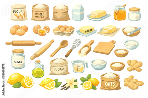 Collection of baking ingredients with flour, sugar, eggs, and lemons for preparing various recipes in a kitchen setting