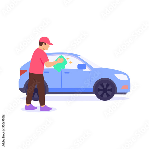 Car Drying, wiping vehicle surface after washing, Flat vector character illustration