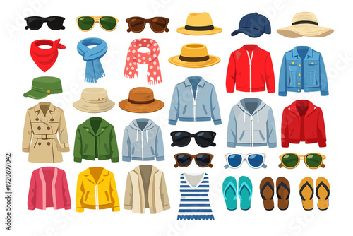 Different types of clothing and accessories displayed together for summer fashion choices and styles
