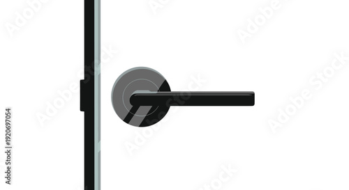 A modern black lever door handle with a round escutcheon is installed on a white door panel.