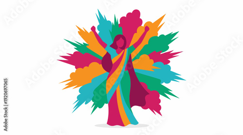 Vibrant woman in saree with colorful abstract explosion representing energy and celebration
