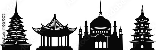 Black silhouettes of various religious buildings architecture landmarks temples pagodas