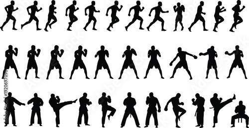 Vector silhouettes of professional athletes in various fighting and running poses isolated on white background, male figures for martial arts and sprinting design