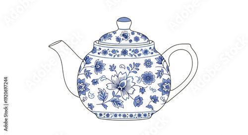 A decorative porcelain teapot with intricate blue floral patterns and a matching lid on a white background, ready for brewing.