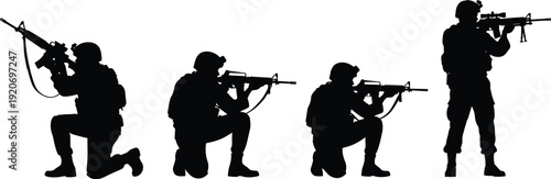 Four soldiers in different positions holding guns military silhouettes rifles