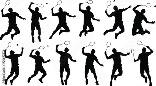 Vector silhouettes of professional badminton players in various jumping and smashing poses isolated on white background, athletic male figures for sports design