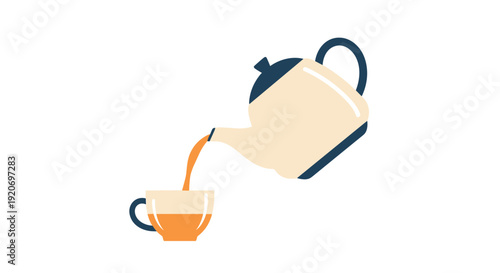 A minimalist beige and dark blue teapot pouring hot orange tea into a small orange and blue teacup.