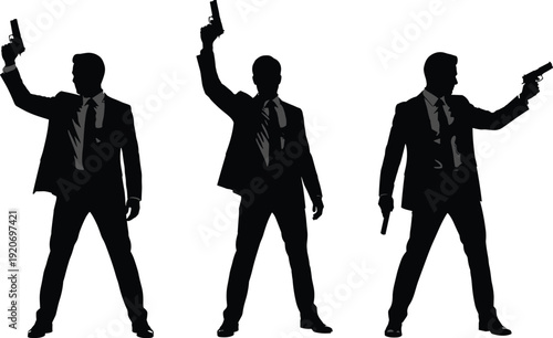 Three black silhouettes of men in suits holding guns
