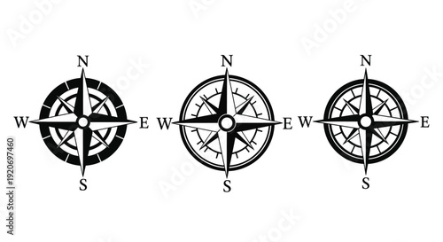 Three vintage compass rose designs in a row silhouette