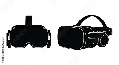 Two views of virtual reality goggles in stark black silhouette