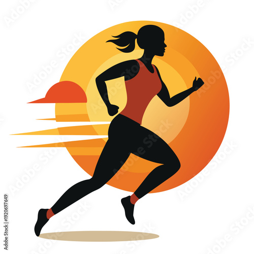Dynamic vector silhouette of a female jogger in motion, conveying speed, fitness, and determination on a clean background.