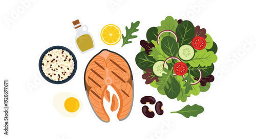 Healthy food ingredients laid out including grilled salmon, fresh green salad, cooked rice, lemon, olive oil, and beans.